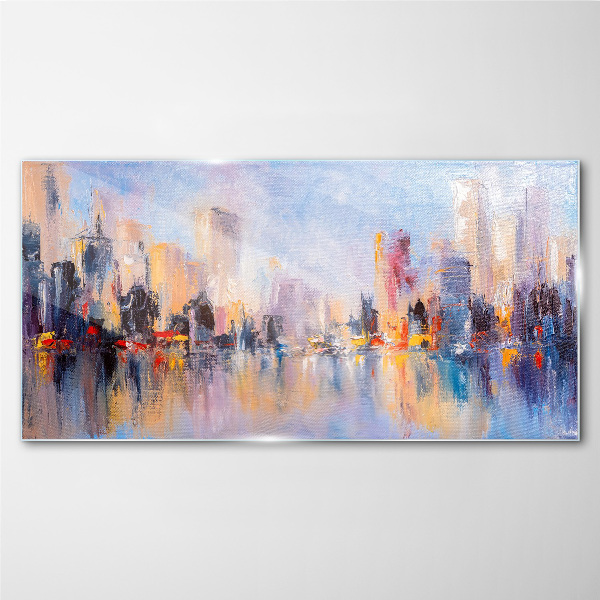The city in the glow of sunset Wall art on glass