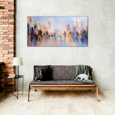 The city in the glow of sunset Wall art on glass
