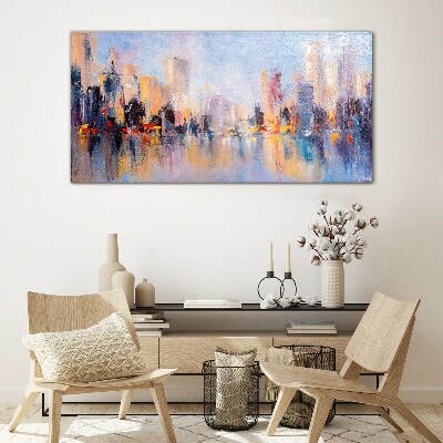 The city in the glow of sunset Wall art on glass