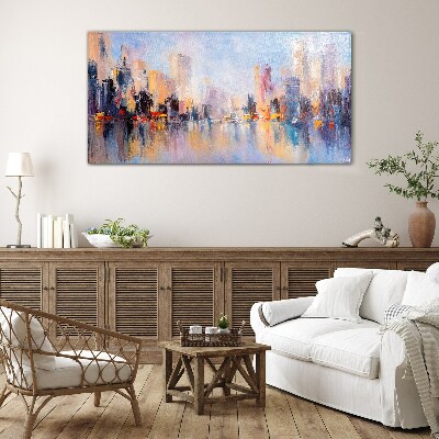 The city in the glow of sunset Wall art on glass