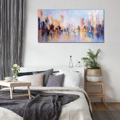 The city in the glow of sunset Wall art on glass