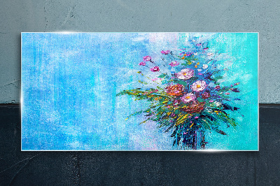 Floral composition on a blue background Glass art print