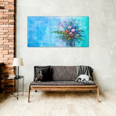 Floral composition on a blue background Glass art print