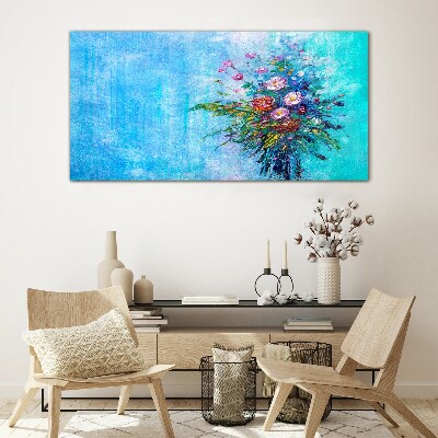 Floral composition on a blue background Glass art print