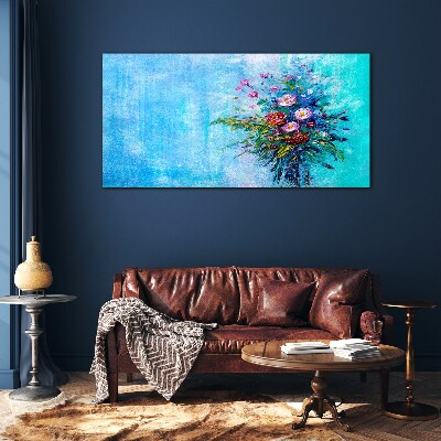 Floral composition on a blue background Glass art print