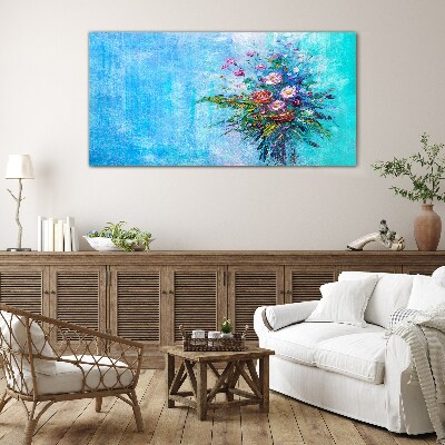 Floral composition on a blue background Glass art print