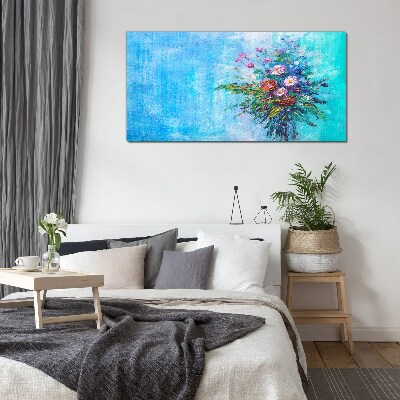 Floral composition on a blue background Glass art print