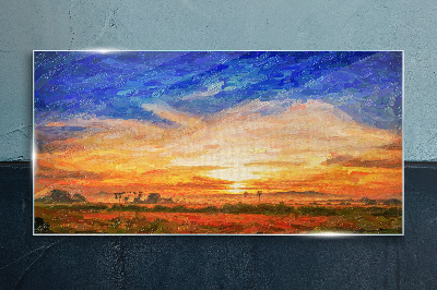 Sunset over a rural landscape Wall art on glass