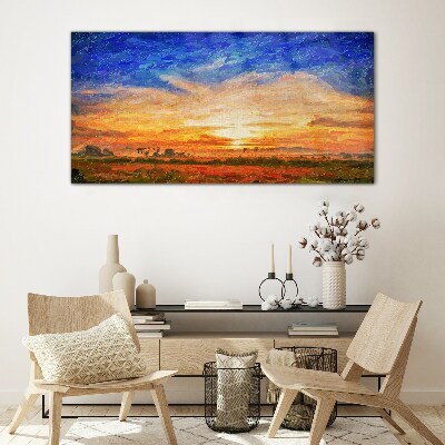 Sunset over a rural landscape Wall art on glass