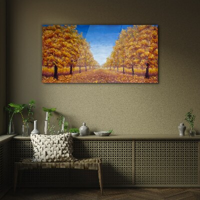 Golden alleys in the autumn scenery Glass art print
