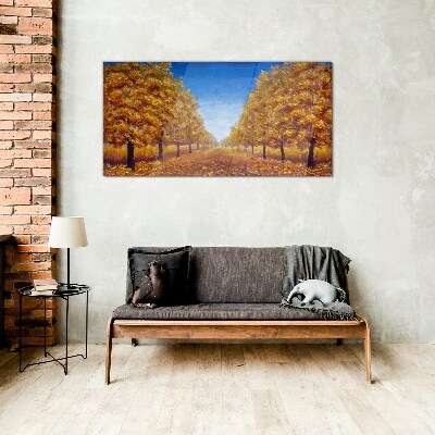 Golden alleys in the autumn scenery Glass art print