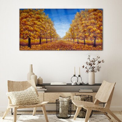 Golden alleys in the autumn scenery Glass art print