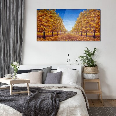 Golden alleys in the autumn scenery Glass art print