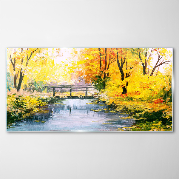 Golden autumn on the river Wall art on glass