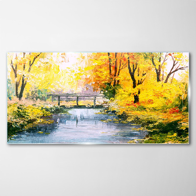 Golden autumn on the river Wall art on glass