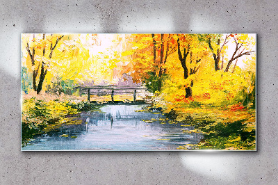 Golden autumn on the river Wall art on glass