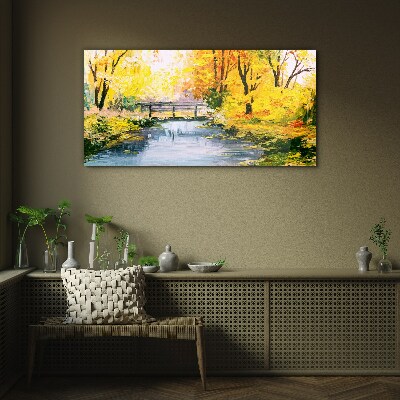 Golden autumn on the river Wall art on glass