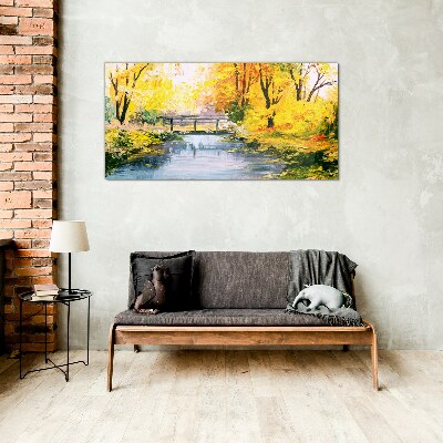 Golden autumn on the river Wall art on glass