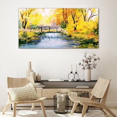 Golden autumn on the river Wall art on glass