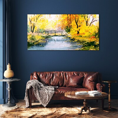 Golden autumn on the river Wall art on glass
