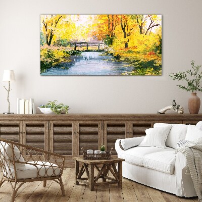 Golden autumn on the river Wall art on glass