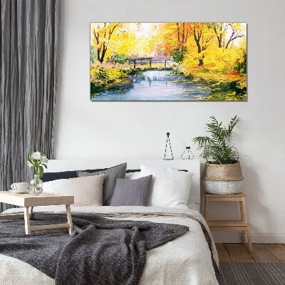Golden autumn on the river Wall art on glass