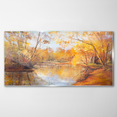 Forest river nature autumn Glass Wall Art