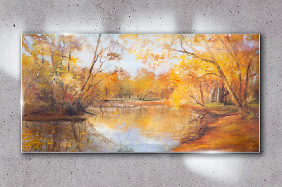 Autumn scenery by the river Wall art on glass