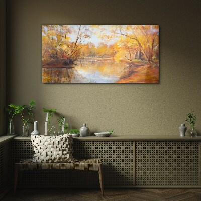 Forest river nature autumn Glass Wall Art