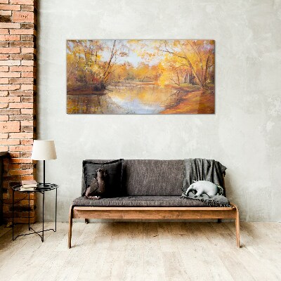 Forest river nature autumn Glass Wall Art