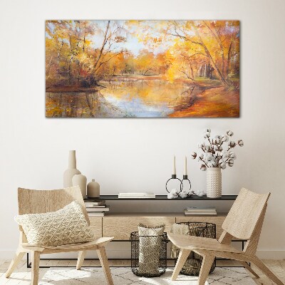 Autumn scenery by the river Wall art on glass