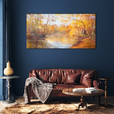 Forest river nature autumn Glass Wall Art