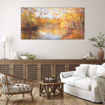 Forest river nature autumn Glass Wall Art