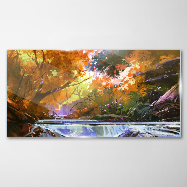 Autumn landscape by the river Glass art print