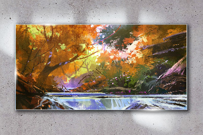Autumn landscape by the river Glass art print