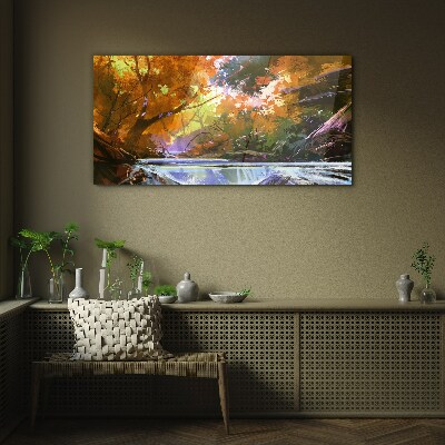 Autumn landscape by the river Glass art print