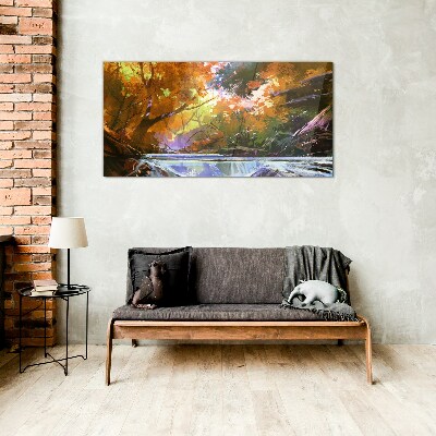 Autumn landscape by the river Glass art print