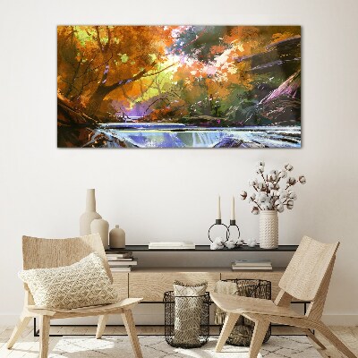 Autumn landscape by the river Glass art print