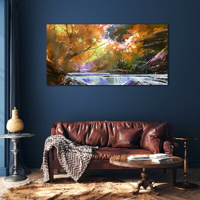 Autumn landscape by the river Glass art print