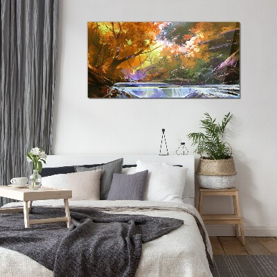 Autumn landscape by the river Glass art print