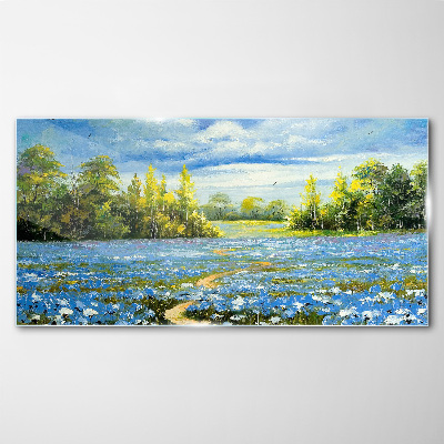 Spring landscape with blue flowers Wall art on glass