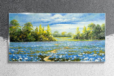 Spring landscape with blue flowers Wall art on glass