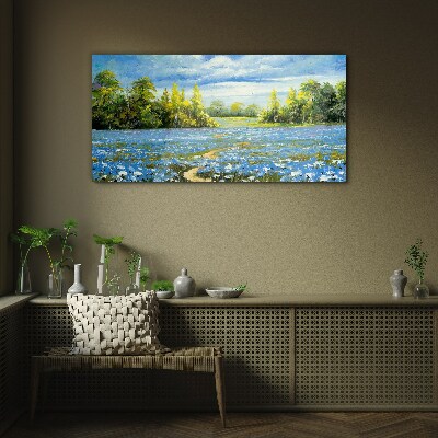 Spring landscape with blue flowers Wall art on glass