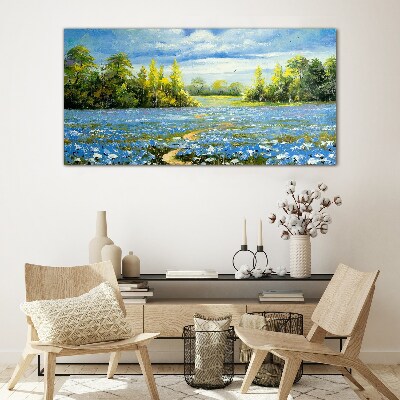 Spring landscape with blue flowers Wall art on glass