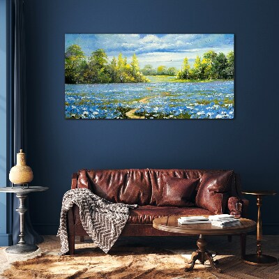 Spring landscape with blue flowers Wall art on glass
