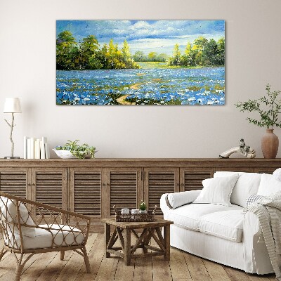 Spring landscape with blue flowers Wall art on glass