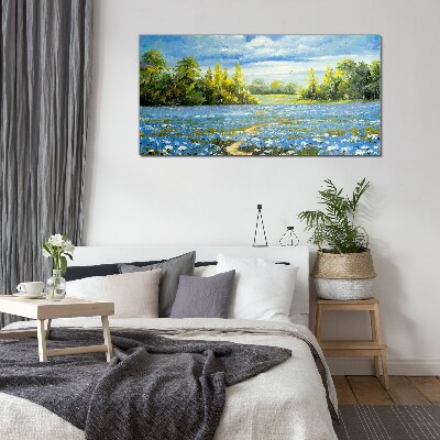 Spring landscape with blue flowers Wall art on glass