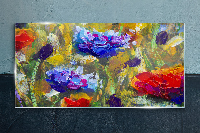 A floral landscape in intense colors Wall art on glass