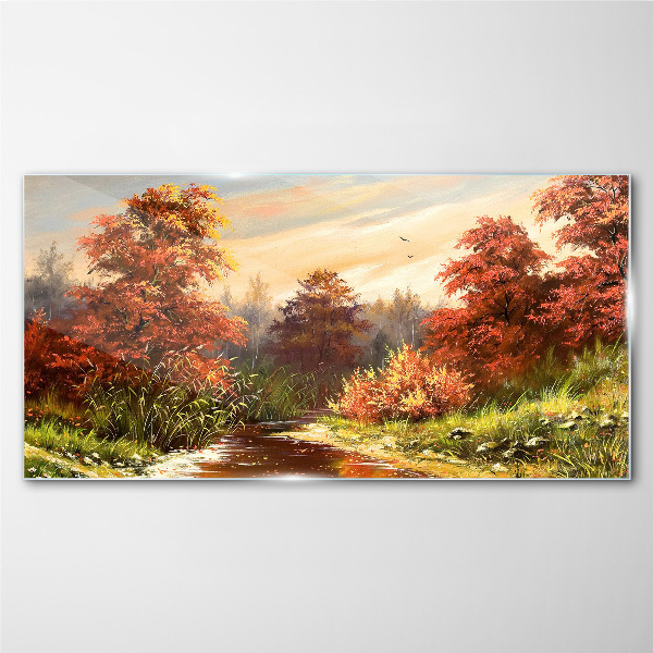 Autumn scenery with a river Glass art print
