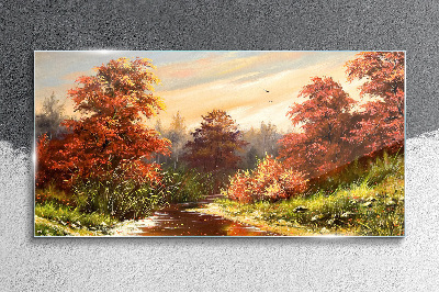 Autumn scenery with a river Glass art print